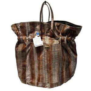 Beirn Snakeskin‎ Brown Leather Drawstring Shoulder Bag Tote Handbag Women NWT